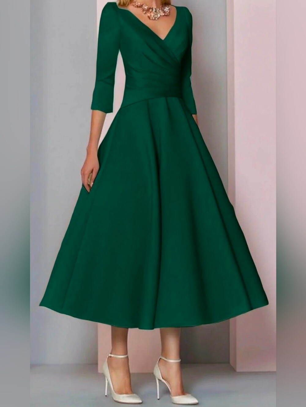 Emerald Green V-Neck Midi Wedding guest Dress,